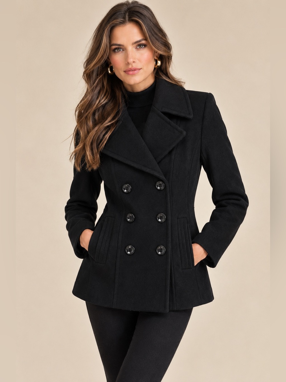 London Fog Black Double Breasted Wool Blend Longline Minimalist Pea Coat Small